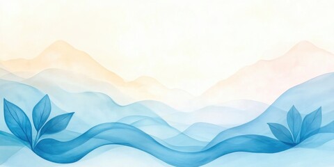 Blue watercolor painting of wavy texture with leaves on white background