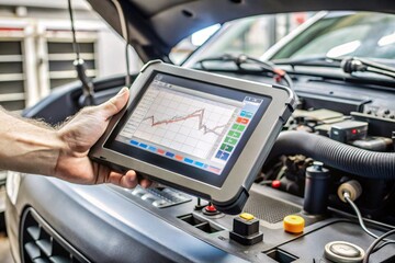 Car Diagnostics with Tablet. A mechanic uses a tablet to analyze car engine data during a diagnostics check.