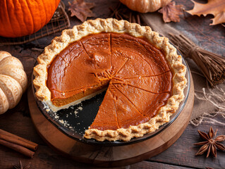 Top view of a freshly baked pumpkin pie on rustic wooden table