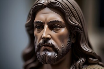 a close-up image of a jesus cement, ceramic, statue,  sculpture, religious, figure, art, cross, halo, detailed, texture, stone, carving, face, expression, craftsmanship, holy, sacred, hands, robe