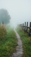 Obraz premium A misty path disappears into the fog, leading to an unknown destination. The air is still, heavy with moisture, promising a tranquil morning.