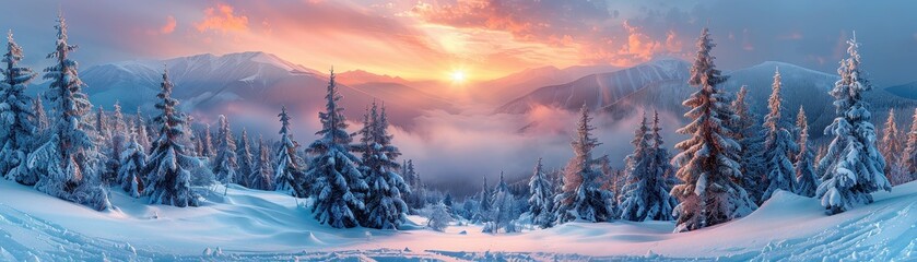 A breathtaking snowy landscape with tall trees silhouetted against a vibrant sunrise, creating a serene and magical winter scene.