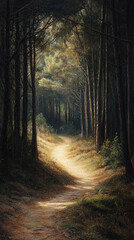 Fototapeta premium A sunlit path winds through a dense forest, inviting exploration and promising adventure.