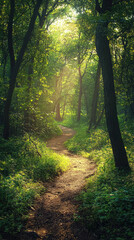 A sun-drenched path winds through a verdant forest, sunlight filtering through the canopy, creating a magical atmosphere.