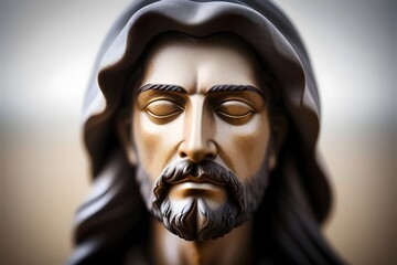 a close-up image of a jesus cement, ceramic, statue,  sculpture, religious, figure, art, cross, halo, detailed, texture, stone, carving, face, expression, craftsmanship, holy, sacred, hands, robe