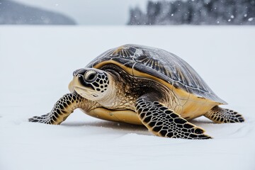 Obraz premium Sea Turtle in Stunning Contrast with Snowy Ocean Landscape Wildlife Photography