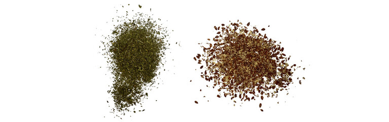 Close-up shot of 2 types of spices on white background