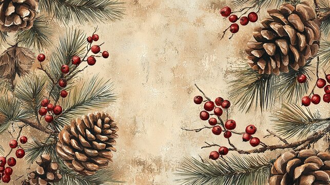   Pine cone, berry, and needle painting on beige backdrop - Red berries and pine cones