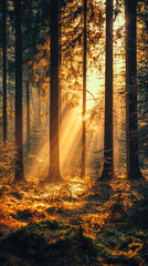 Obraz premium Golden rays pierce through a dense forest, illuminating the mossy ground in a breathtaking display of nature's beauty.