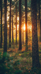 Fototapeta premium Sunbeams Dance Through a Golden Hour Forest, Painting the Trees in a Warm Glow.