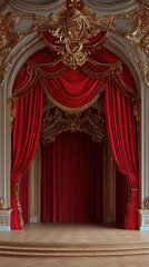 A Grand Theater Stage Awaits - Rich red velvet curtains frame a wooden stage, beckoning the start of a dazzling performance.
