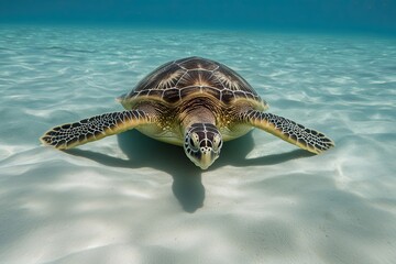 Calm Sea Turtle Gliding on Crystal Clear Ocean Water