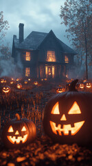 A haunting sight: Jack-o-lanterns illuminate the path leading to a mysterious, dimly lit house, shrouded in fog, a perfect Halloween scene.