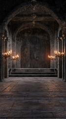 Fototapeta premium A Majestic, Medieval Stage Set: Stone Arches, Glowing Candelabras, and a Stone Floor Beckon the Audience to a Timeless Tale.