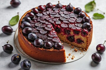 Damson Cake: A whole damson cake with a slice cut out, revealing the rich interior, placed on a white background with a few fresh damsons