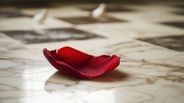 A solitary red blossom resting on a pristine white marble surface, positioned beside a monochromatic black-and-white checkerboard pattern