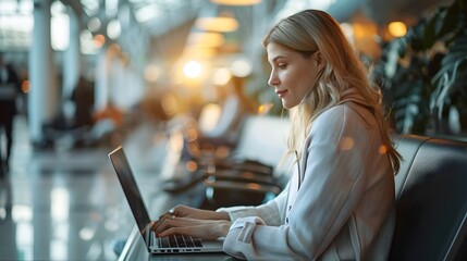Businessperson Waiting at Airport Lounge Working on Laptop