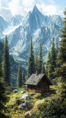 A Rustic Cabin Nestled Amidst Majestic Peaks, A Serene Escape in Nature's Embrace.