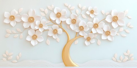 3D background of a flowering tree with golden stems and white blossoms