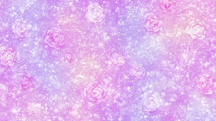   Close-up of a pink and purple wallpaper featuring a rose pattern on the left wall and pink and purple flowers on the right
