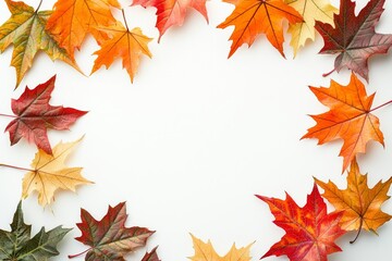 Fototapeta premium Autumn Maple Leaves Flat Lay White Background created with Generative AI