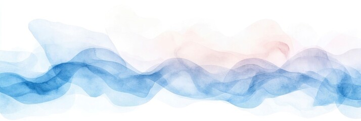 Fototapeta premium Blue watercolor painting of wavy texture with leaves on white background