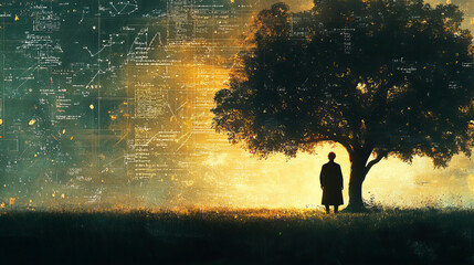 Newton's Day creative representation of Sir Isaac Newton under an apple tree, with swirling scientific formulas in the background