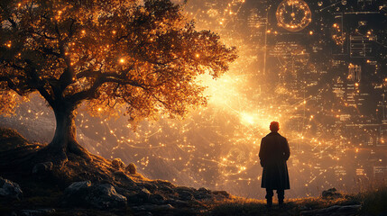 Newton's Day creative representation of Sir Isaac Newton under an apple tree, with swirling scientific formulas in the background