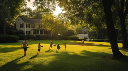 Father dad playing outdoors with kids on a lawn backyard garden Farmhouse living Family bonding Summer childhood Parent's love Sunny day Holiday in nature Sports active children Happiness Football