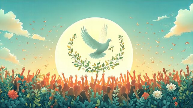 World Peace Day peaceful scene with dove and olive branch against people holding hands around the globe, symbol unity and harmony