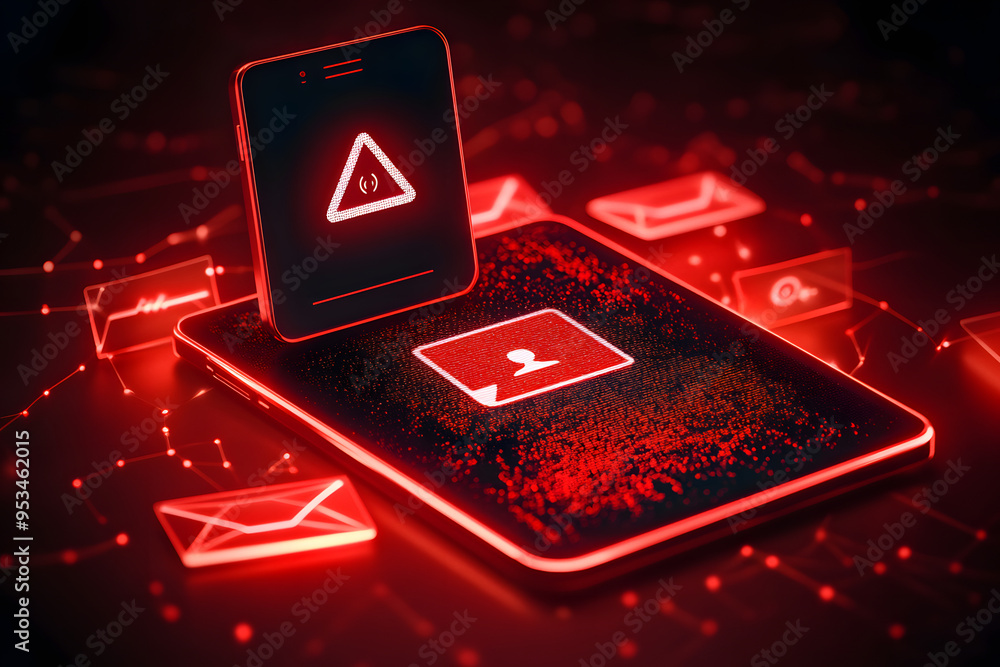 Poster scam warning fraud danger alert security technology crime network spam attention online on 3d risk c