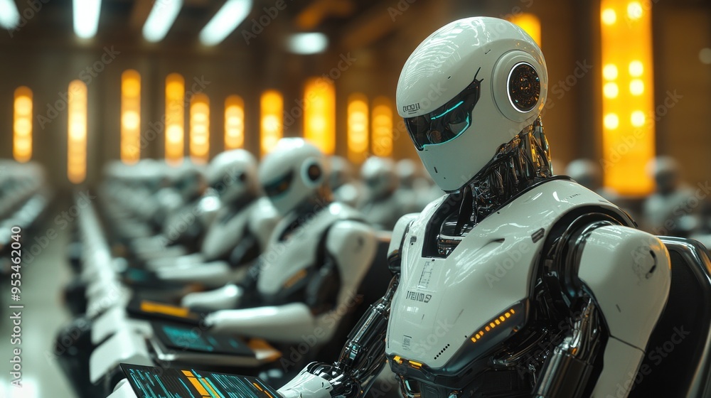 Poster futuristic robots in a factory