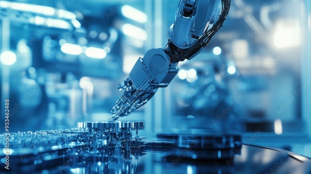 Poster highly sophisticated robotic arms operating with precision on advanced manufacturing assembly lines