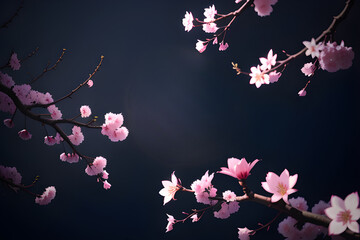Beautiful cherry blossom branches with delicate pink flowers against a dark, moody night sky, capturing a serene and tranquil atmosphere.
