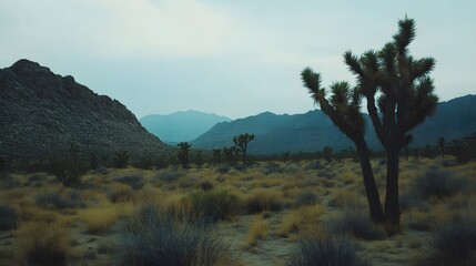 A vast desert landscape with tall, spiky trees in the foreground and rugged mountains behind them. The sky is overcast, adding to the sense of solitude