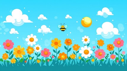  A field of vibrant flowers surrounds a buzzing bee in the center, with a clear blue sky and fluffy white clouds overhead