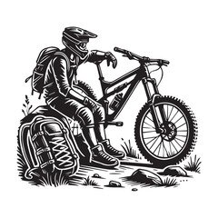 Naklejka premium Mountain Biker silhouette - Mountain Cycling Clipart - Mountain Biker Resting A Break vector illustration in black and white