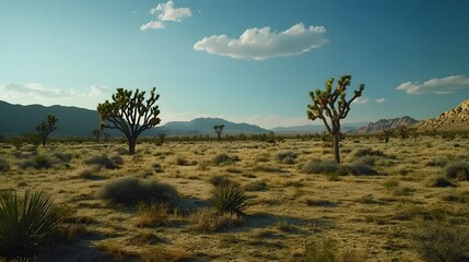 Obraz premium A vast desert landscape with tall, spiky trees in the foreground and rugged mountains behind them. The sky is overcast, adding to the sense of solitude