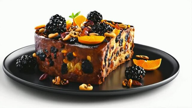 A fruit cake with its golden-brown crust and visible dried fruits like black berry and orange slices, isolated on white background