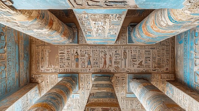 Beautiful colorful inscriptions on the walls and ceiling of Khunum temple in Esna in Luxor