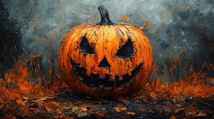 A menacing carved pumpkin with a sinister grin captures the essence of Halloween, perfect for spooky event invitations, decorations, and themed merchandise with copy space.