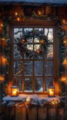 Obraz premium A cozy winter scene featuring a decorated window with a wreath, lanterns, and soft glowing lights against a snowy backdrop.
