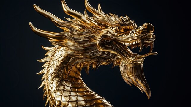 golden metal dragon head. decorative gold gargoyle.