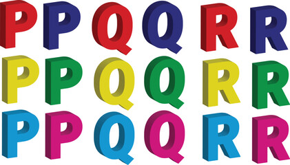 3d alphabets P Q and R red blue yellow sky blue pink green isolated on transparent white bkackground