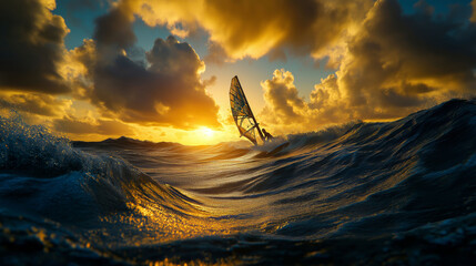 Sunset Surf: A Windsurfer's Dance Amidst Waves and Golden Skies