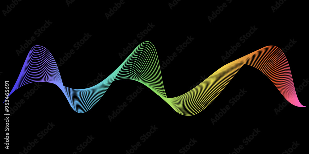 Poster abstract color wave line vector illustration isolated on black background. rainbow flowing wavy curv