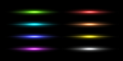 Neon light laser lines vector set isolated on black. Green, blue, red, golden, silver, orange, purple abstract night electric beams, fluorescent led light rays.