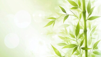   Close-up of a bamboo plant with lush green leaves against a soft green background, illuminated by warm light from above