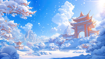 A traditional Chinese landscape of fairyland with ancient Chinese architectures in winter, concept design of online game scene