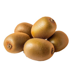 Fresh kiwis cluster, showing their brown fuzzy skin and bright green interior against a transparent background, group of kiwi fruits isolated transparent background